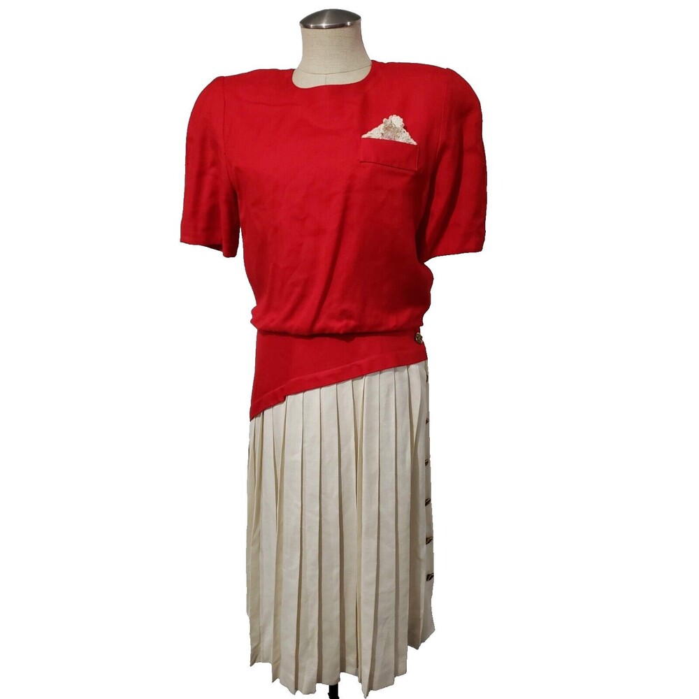 Vtg Union Made Joan Sparks For Daniel Barrett Red Off White Midi Pleats Dress 12